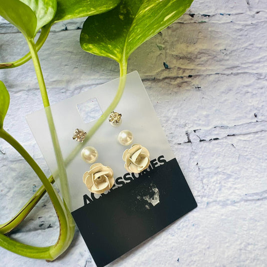 LARQ JEWELS Rose Round & Rhinestone 3 Set Of Earrings