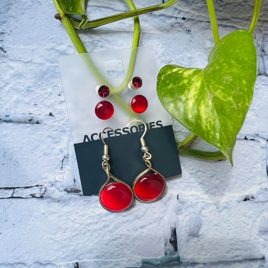 LARQ JEWELS Set Of 3 Red Drop Pearl & Rhinestone Earrings