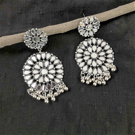 Larq Jewels Premium Silver Plated Handcrafted Afghani Designer Indian Ethnic Mirror Earrings