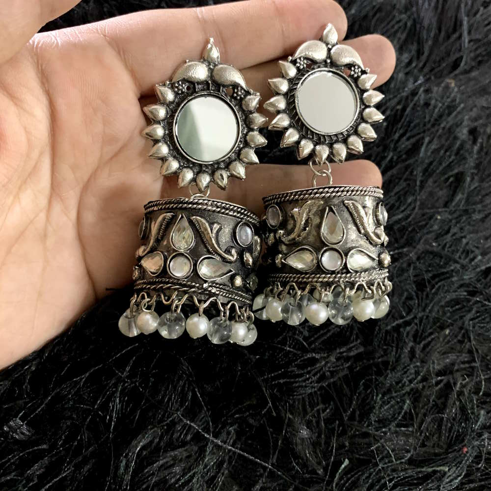 Traditional Oxidized German Silver Exclusive Design CZ Stone Big Studs Jhumka
