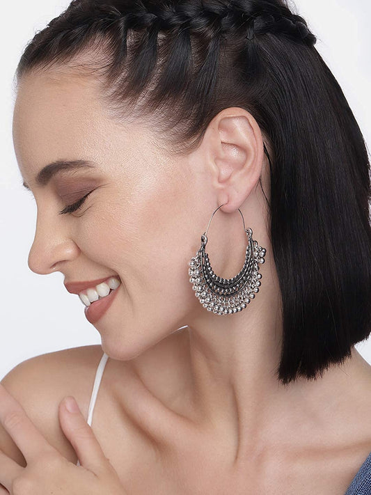 LARQ JEWELS Silver Tone Traditional Oxidised Silver Chandbali Hoop Earring For Women