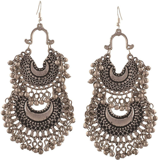 LARQ JEWELS German Oxidized Silver Afghani Double Linner Beads Party Wear Earrings