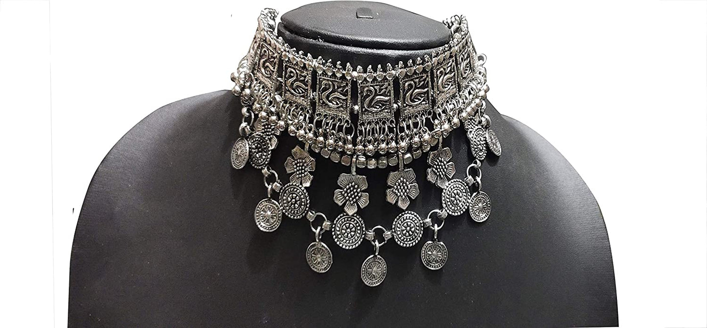 LARQ JEWELS Floral Oxidized Silver Black Metal Fusion Choker