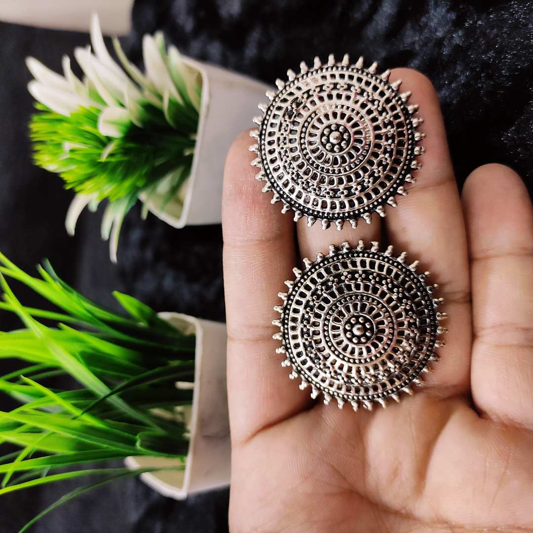LARQ JEWELS OXIDIZED SILVER Brass Mandala Floral Stud Earrings for Women