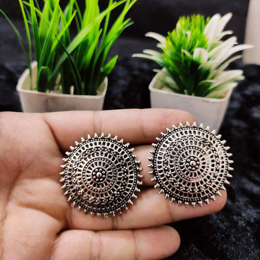 LARQ JEWELS OXIDIZED SILVER Brass Mandala Floral Stud Earrings for Women