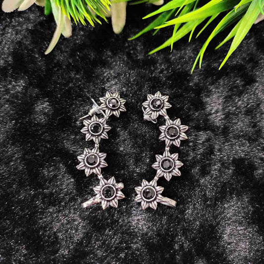 LARQ JEWELS Antique Oxidised Silver-Toned Floral Pattern Trendy Clip-On Ear Cuff For Women And Girls BLACK STONE