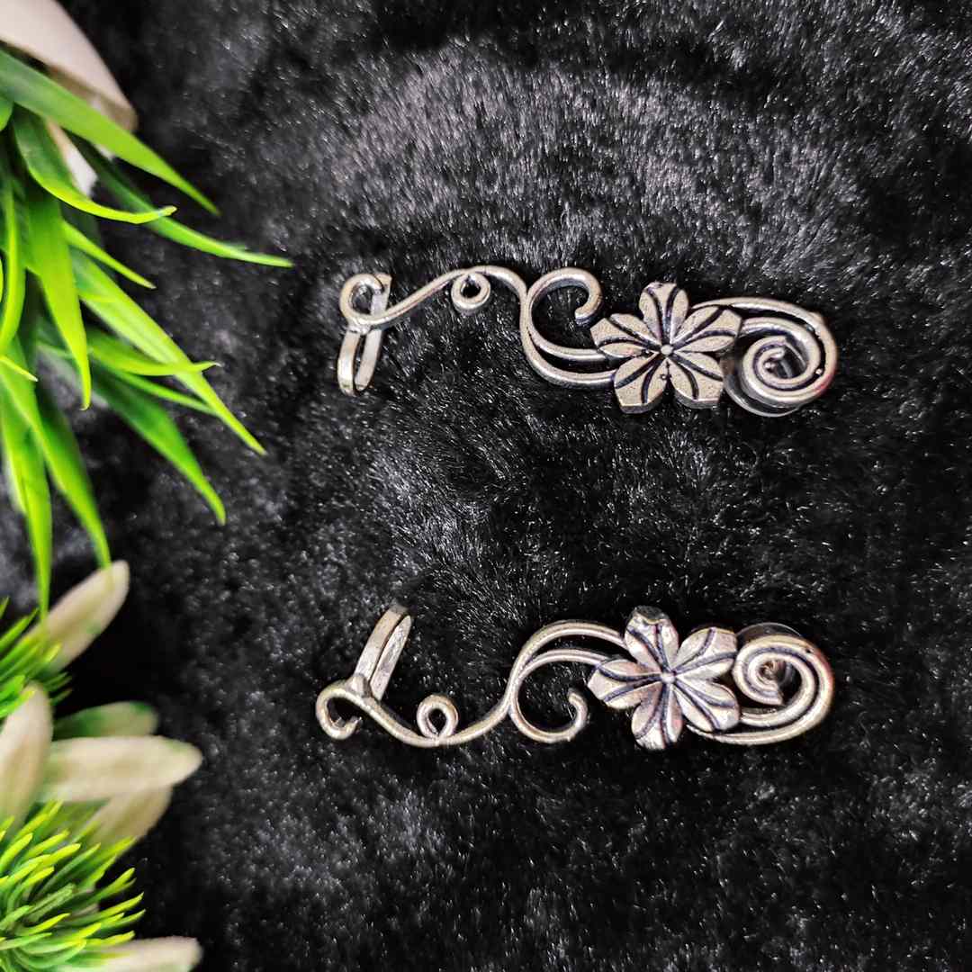 LARQ JEWELS Ethnic German Silver Oxidised Floral Design Traditional Bugadi Ear Clip