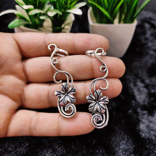 LARQ JEWELS Ethnic German Silver Oxidised Floral Design Traditional Bugadi Ear Clip