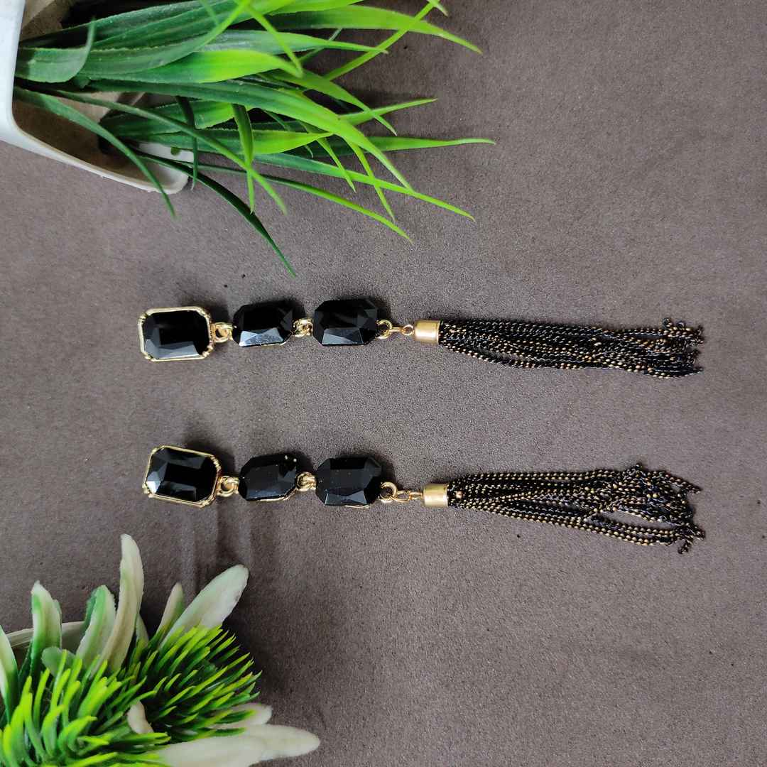 LARQ JEWELS Sparkling Black Crystals Fashion Forward Tassel Earring For Women