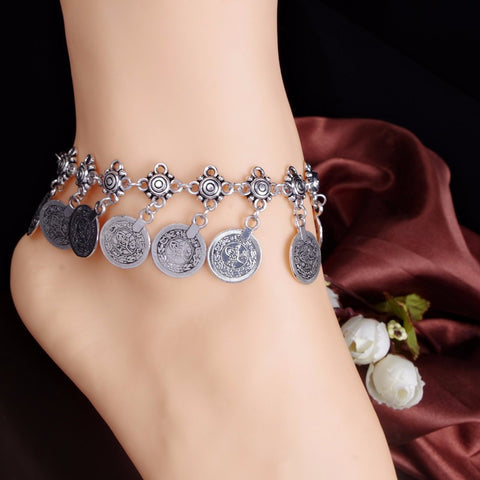 Silver Oxidised Boho Coin Anklet- single