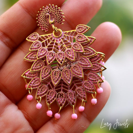 Larq Jewels Peacock Design Earring Pink Colour