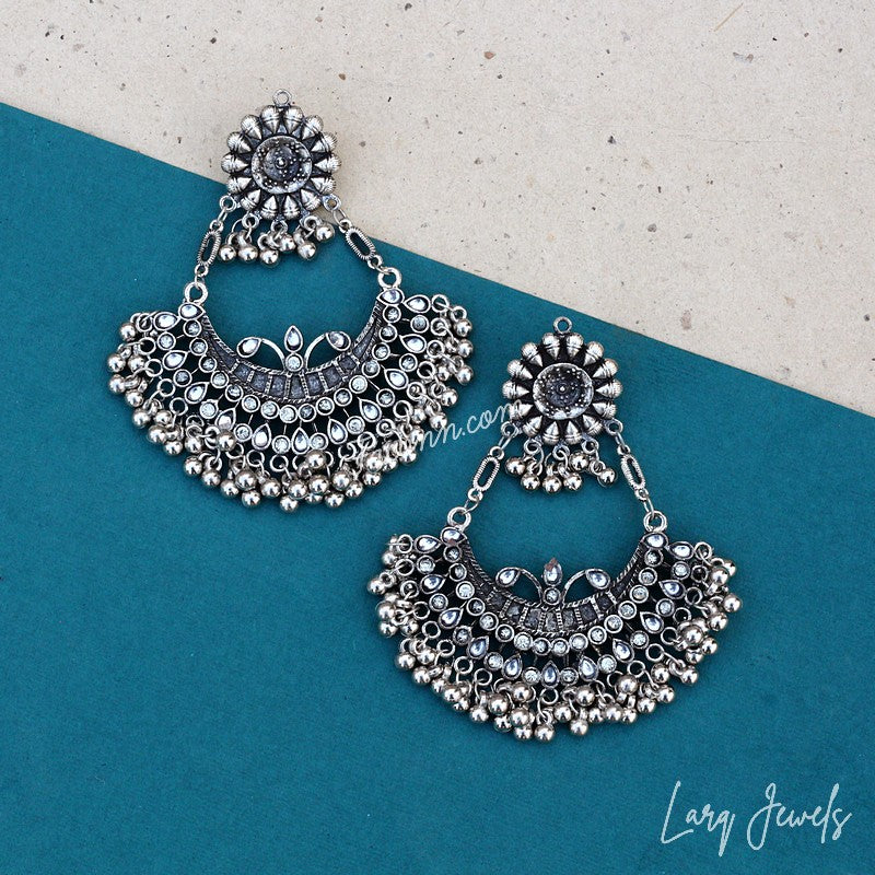 Larq Jewels Indian Tribal Oxidised Silver Dangle Drop Earrings