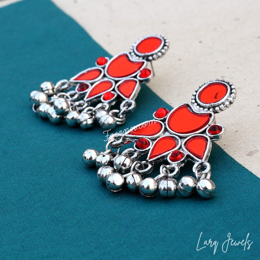 Silver Oxidized Red Mirror And Ghungru Earrings