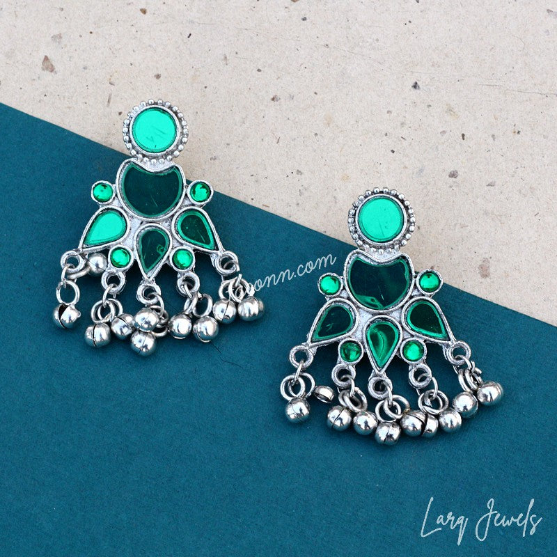 Silver Oxidized Green Mirror And Ghungru Earrings