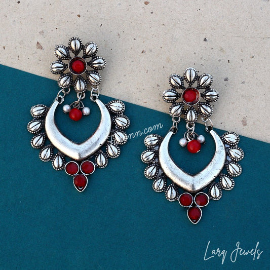 Larq Jewels Silver Oxidized Earrings With Red Stones