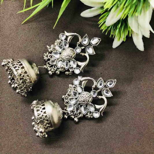 LARQ JEWELS OXIDIZED SILVER White STONE STUDDED JHUMKAS
