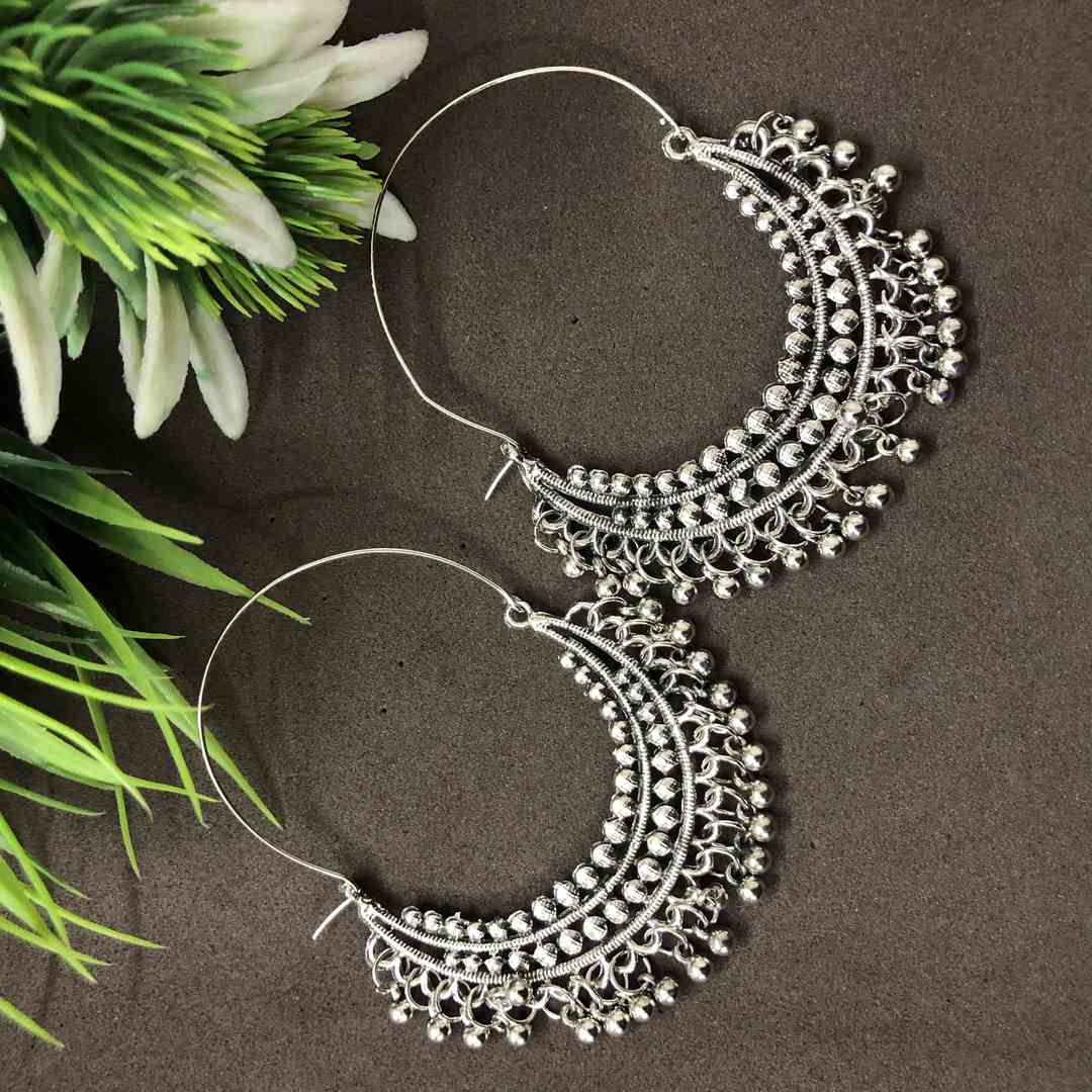 LARQ JEWELS Silver Tone Traditional Oxidised Silver Chandbali Hoop Earring For Women