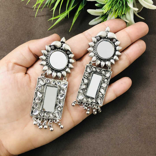 LARQ JEWELS Oxidised Silver Mirror Work Afghani Style Jhumka Earring