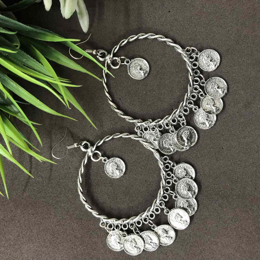 LARQ JEWELS Silver Oxidised Coin Drops Earrings for Women Girls