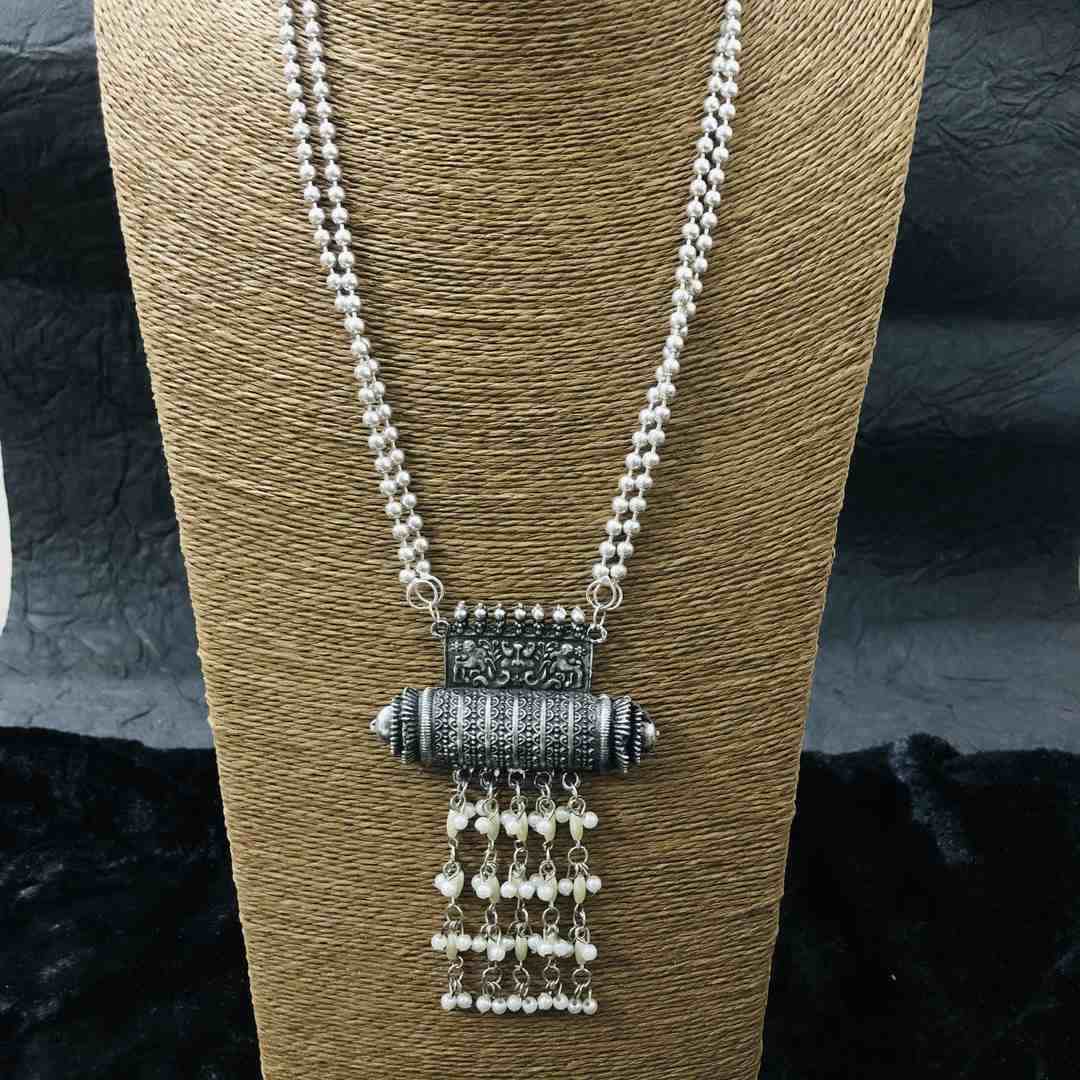 LARQ JEWELS Oxidised Silver Banjara Style Long Necklace Set