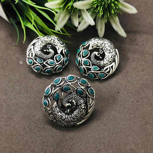 LARQ JEWELS German Oxidized Silver Combo Of 3 Pcs Artistic Crafted Earrings With Ring GREEN