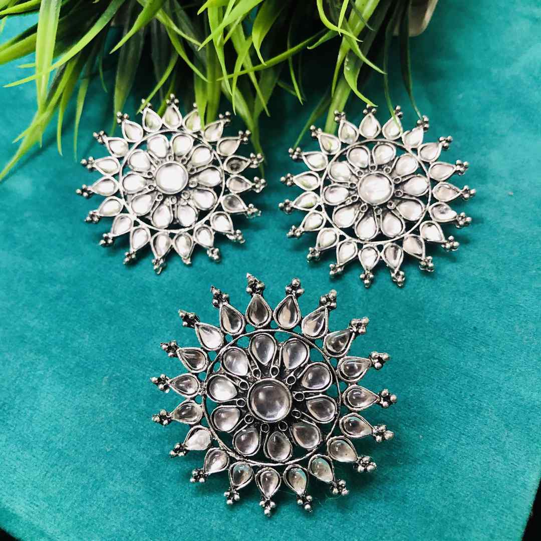 LARQ JEWELS Oxidised Silver Adjustable Ring and Stud Earrings Jewelry Set Combo