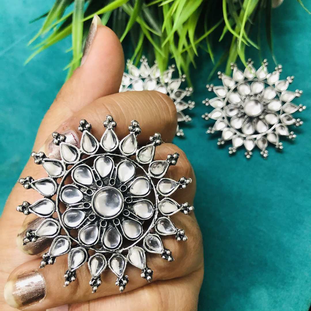 LARQ JEWELS Oxidised Silver Adjustable Ring and Stud Earrings Jewelry Set Combo