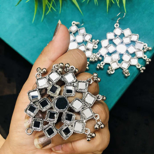 LARQ JEWELS German Silver Oxidised Mirror Earrings And Ring Combo for Women and Girls