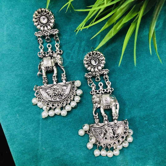 LARQ JEWELS German Oxidised silver Elephant Stylish Silver Color Metal Stud Jhumka