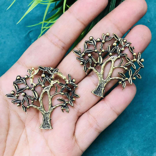 LARQ JEWELS Oxidized Silver Gold Plated Banyan Tree Stylish Stud Earring