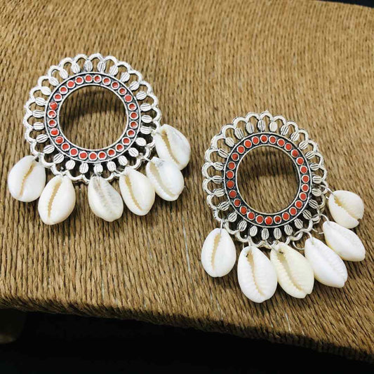LARQ JEWELS Oxidized Silver Style Handicraft Artificial Sea Shell Hoop Earrings for Women- Red