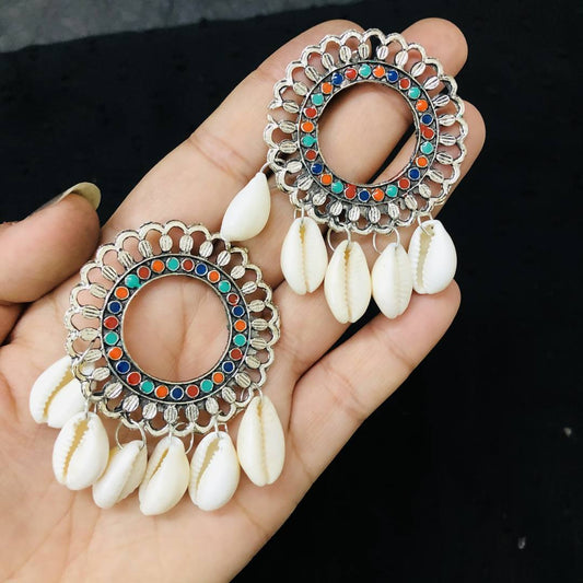 LARQ JEWELS Oxidized Silver Style Handicraft Artificial Sea Shell Hoop Earrings for Women- Multicolor