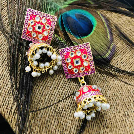 LARQ JEWELS PINK COLOR Gold Plated Brass Handmade Meena Work Jhumka