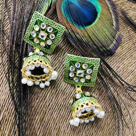 LARQ JEWELS GREEN COLOR Gold Plated Brass Handmade Meena Work Jhumka