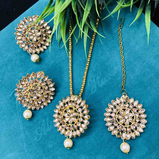 LARQ JEWELS Gold Plated Traditional Kundan Pearl Earring Set with Maang Tikka for Women