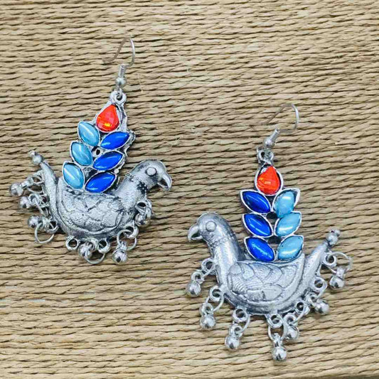 LARQ JEWELS Oxidised Silver with Blue Red Stone Peacock Design Earrings