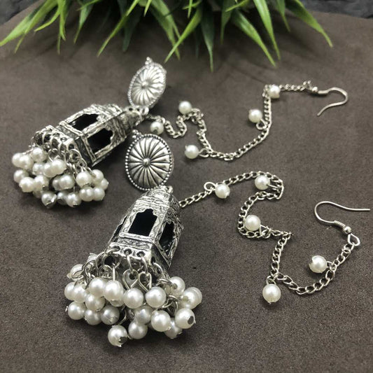 LARQ JEWELS Silver plated Brass Temple OXIDISED SILVER EARRINGS WITH HAIR ATTACHEMENT