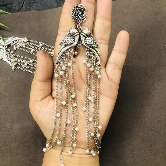 LARQ JEWELS Tribal Antique Oxidised Silver Look Alike Peacock Dangle Drop Earrings