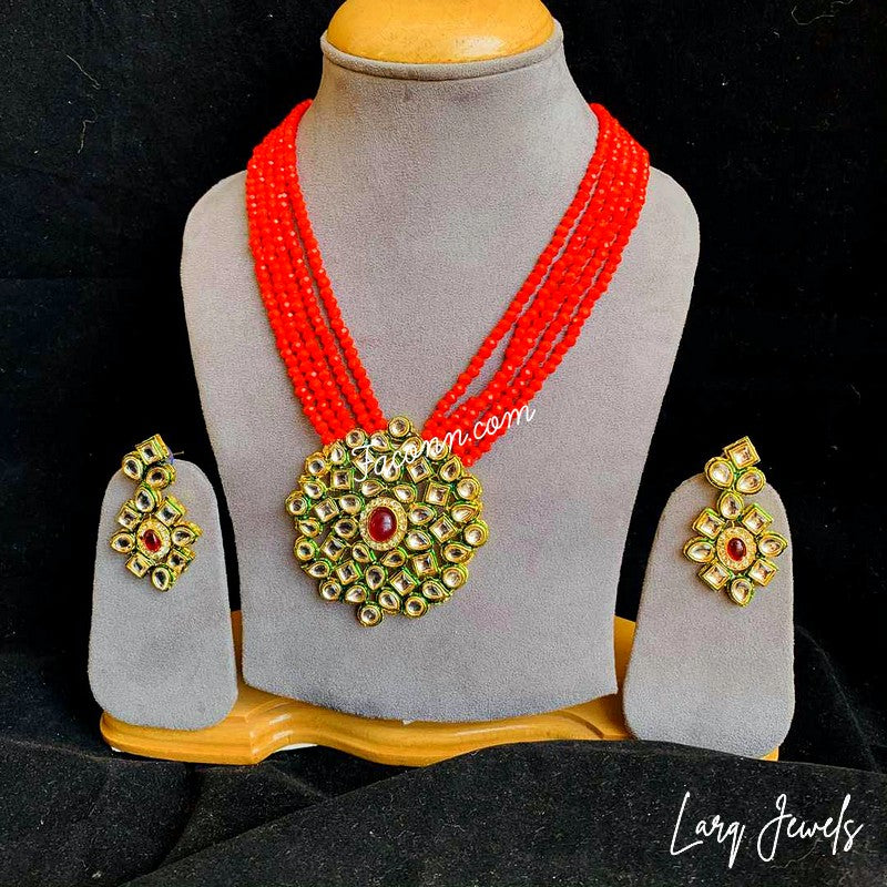 LARQ JEWELS Crystal Beads Ethnic Kundan Necklace And Earring Set For Women-RED