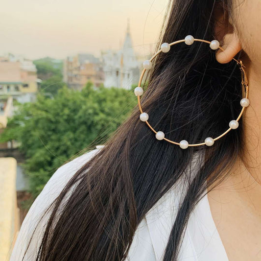 LARQ JEWELS Constella white pearl circular gold tone hoop earrings