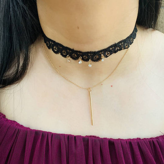 LARQ JEWELS Black Choker Necklace Double Layer Collar Chain Necklace