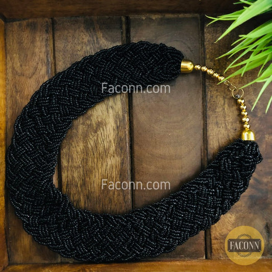 LARQ JEWELS Stylish Braid Black Beads Necklace For Women
