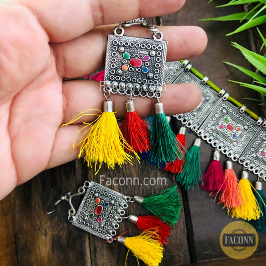 LARQ JEWELS Oxidized Silver Tassel Handcrafted Necklace