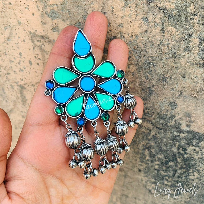 Silver Oxidized Blue Colour Mirror And Ghungru Earrings