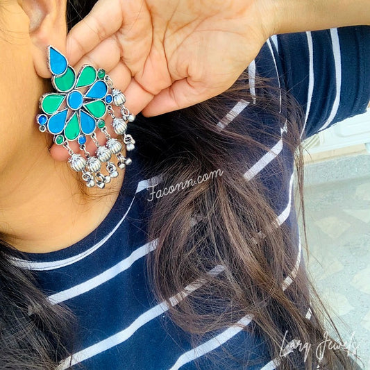 Silver Oxidized Blue Colour Mirror And Ghungru Earrings