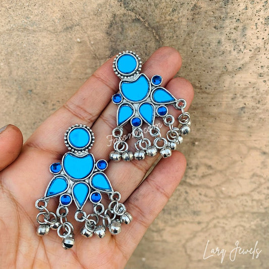 Silver Oxidized Blue Mirror And Ghungru Earrings
