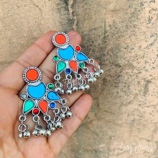 Silver Oxidized Multicolour Mirror And Ghungru Earrings