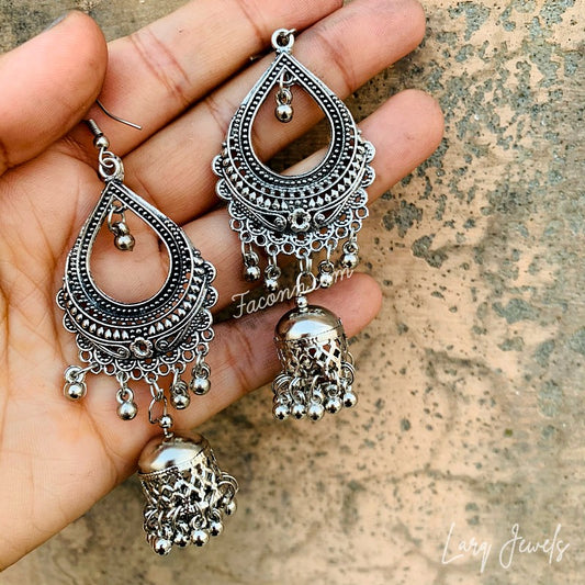Traditional Indian Ethnic Oxidised Silver Jhumki