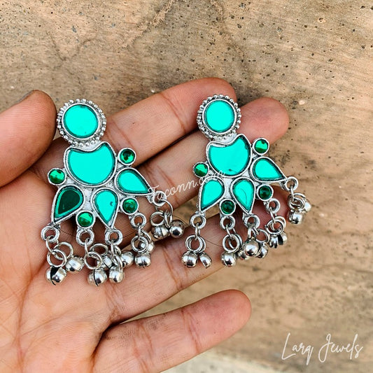 Silver Oxidized Green Mirror And Ghungru Earrings