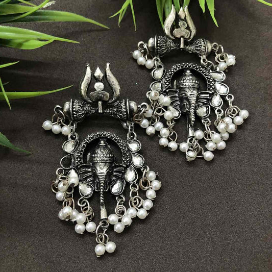 LARQ JEWELS Oxidized Ganesh Earrings with Stone Work in 100% Pure German Silver